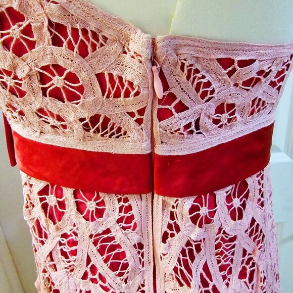 Betsey Johnson ✦ Pink Lace Strapless Dress ✦ Red Velvet Bow Mini Sz 6 NWT - Picture 10 of 16
